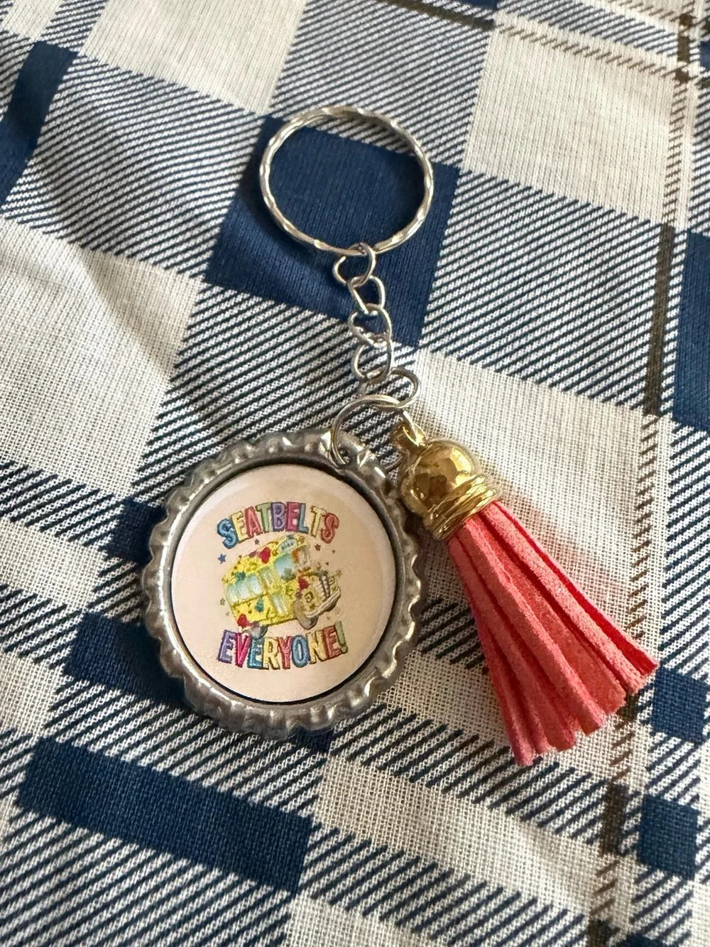 Tassel Keychain with 'Seatbelts Everyone!' Charm